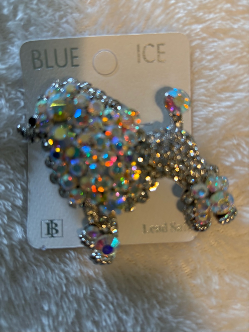 Large Blue Ice Iridescent Crystal Poodle Brooch